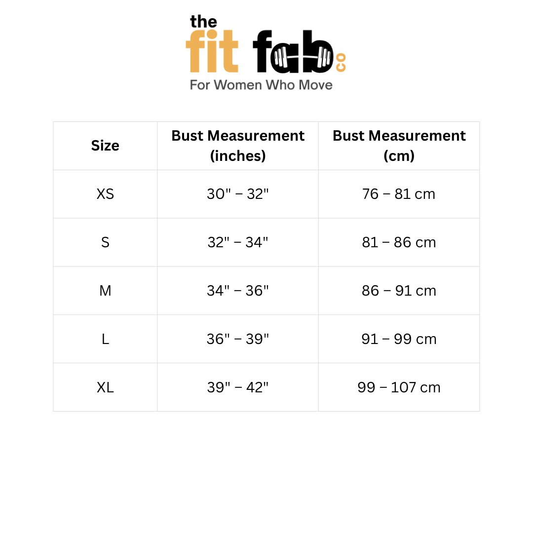 Fit Fab sizing chart for women's clothing with bust measurements in inches and centimeters.