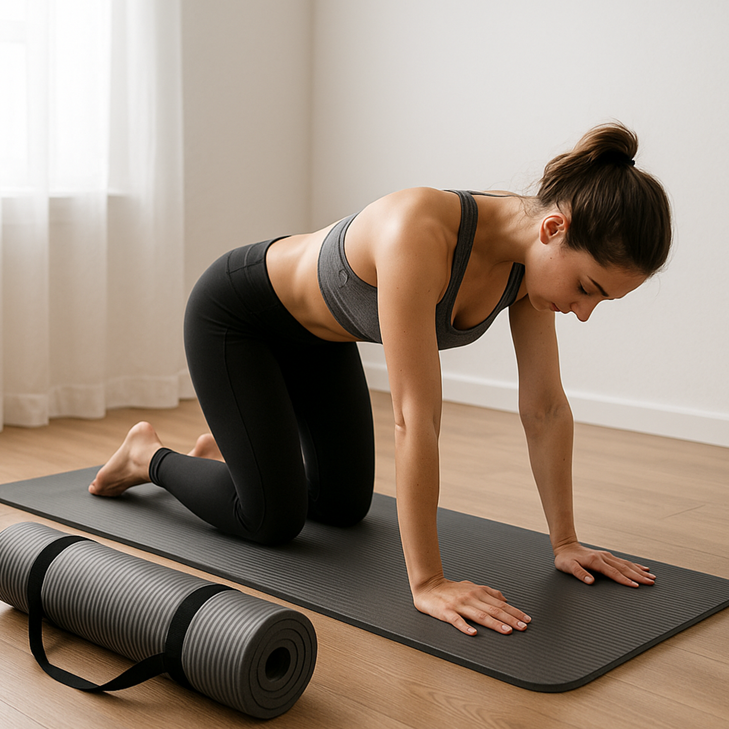 Woman on gray yoga mat practicing tabletop pose at home – The Fit Fab Co