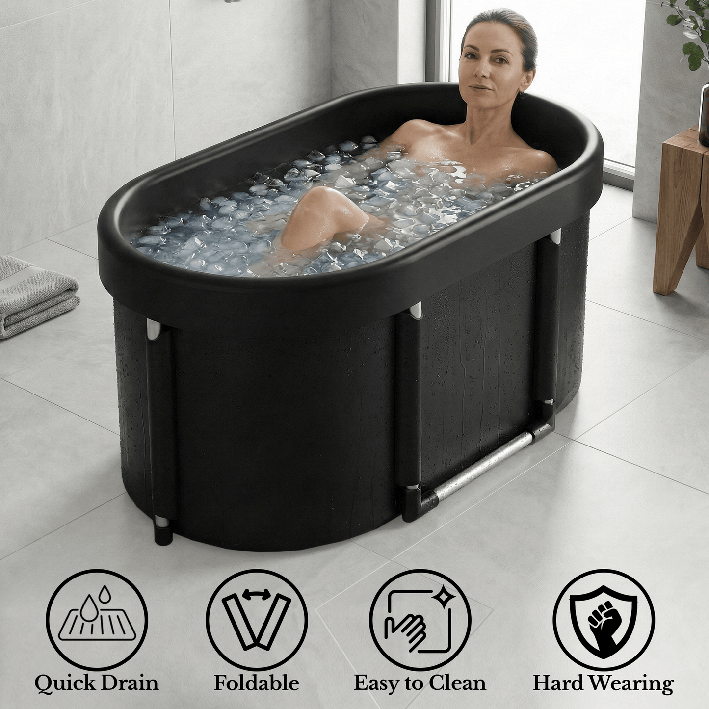 woman using ice bath tub at home for post workout recovery
