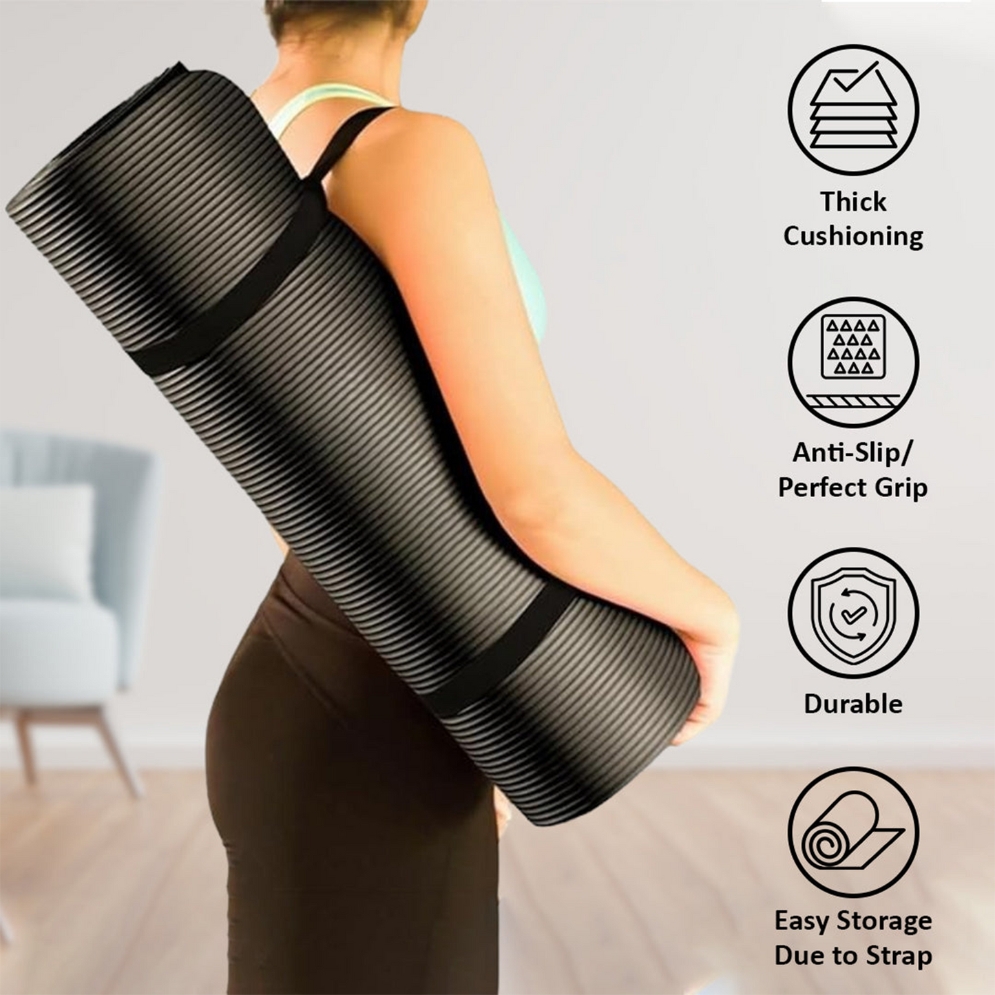 Black yoga mat with strap, showing features like grip and cushioning – The Fit Fab Co