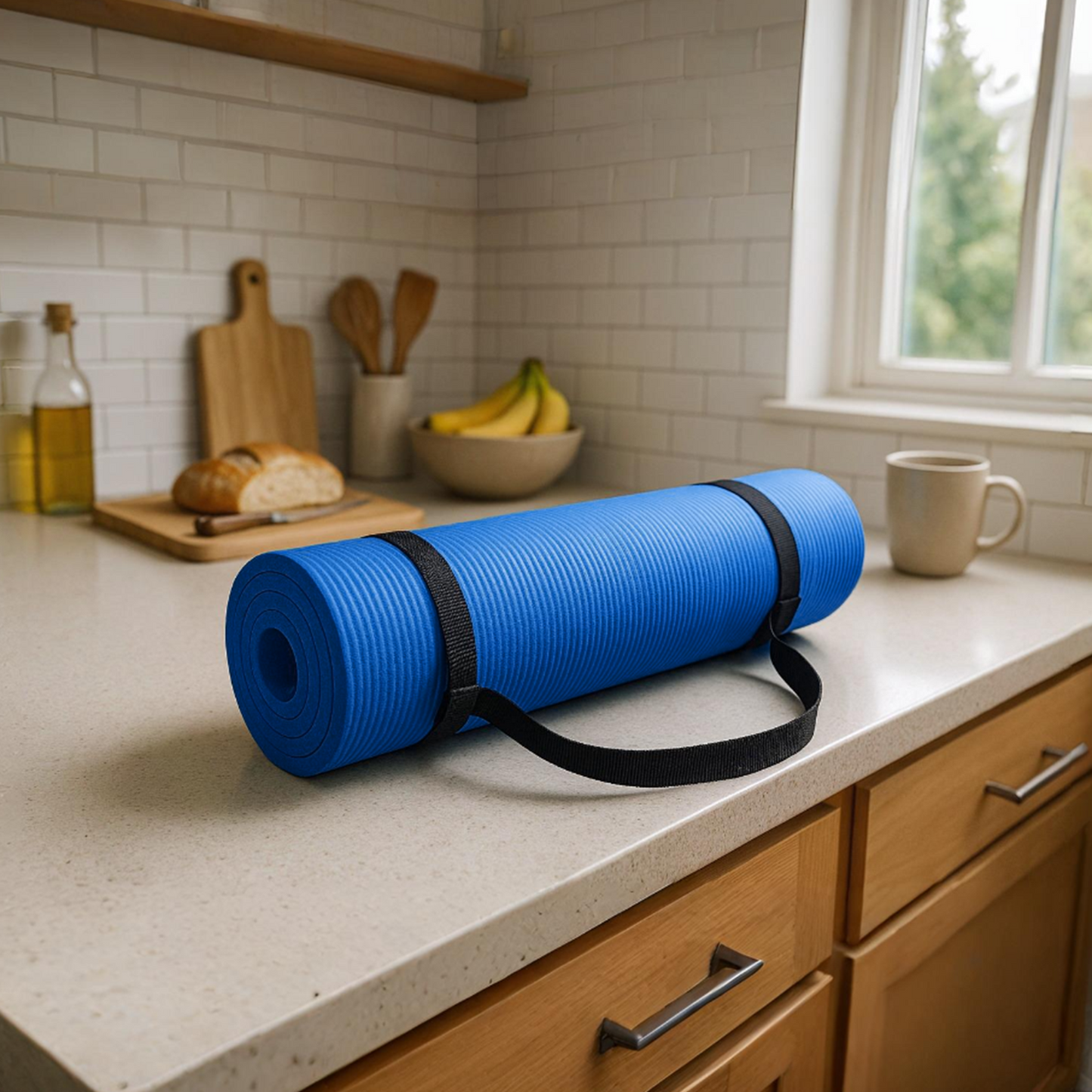 Blue portable yoga mat with strap, placed on kitchen counter – The Fit Fab Co