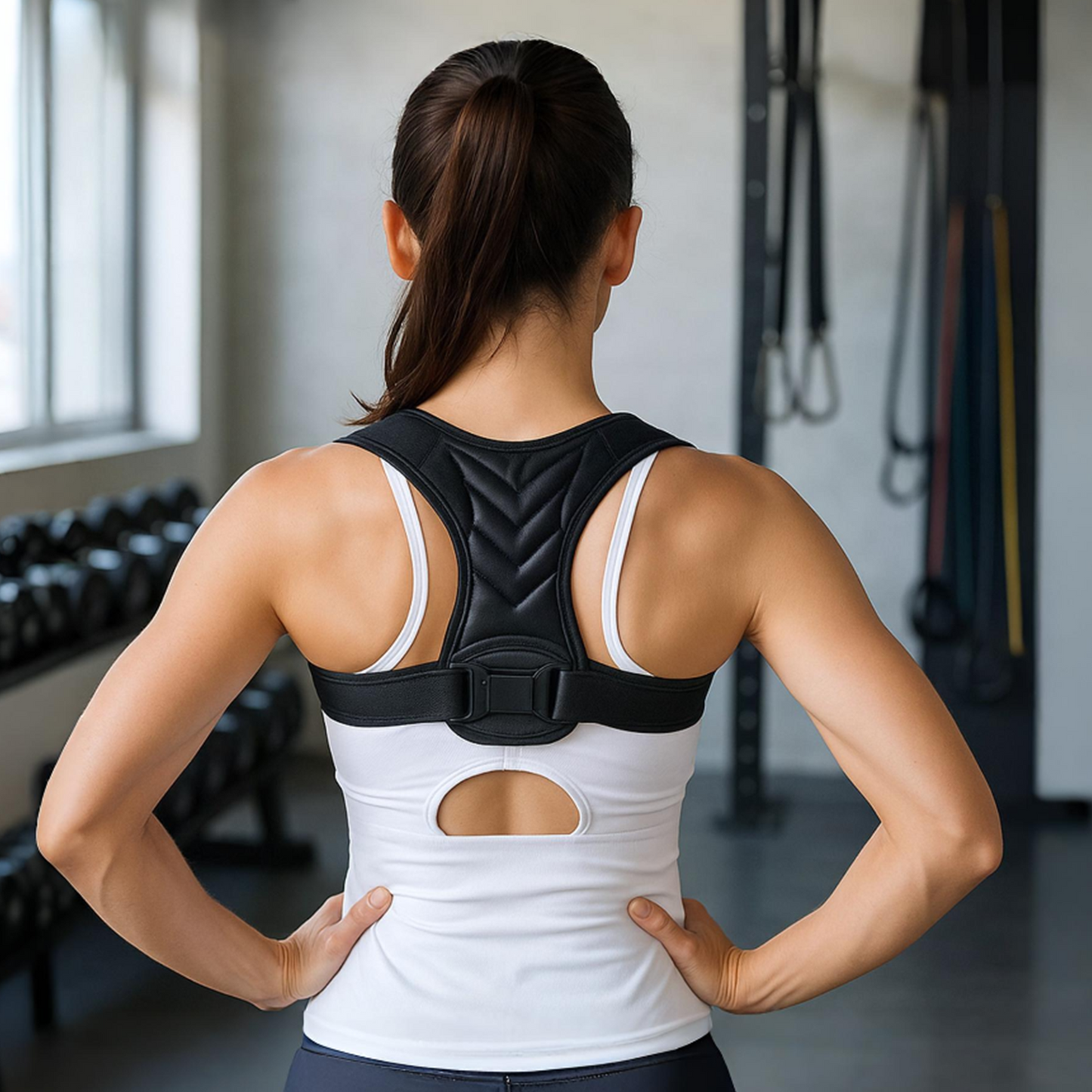 Woman wearing posture corrector at gym for back alignment – The Fit Fab Co