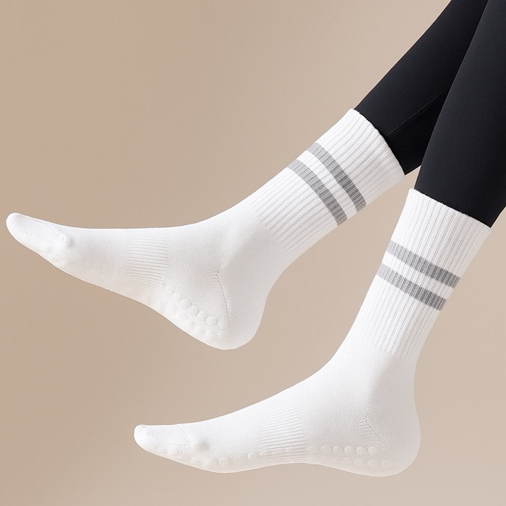 White pilates socks with non-slip grips and gray stripes – The Fit Fab Co