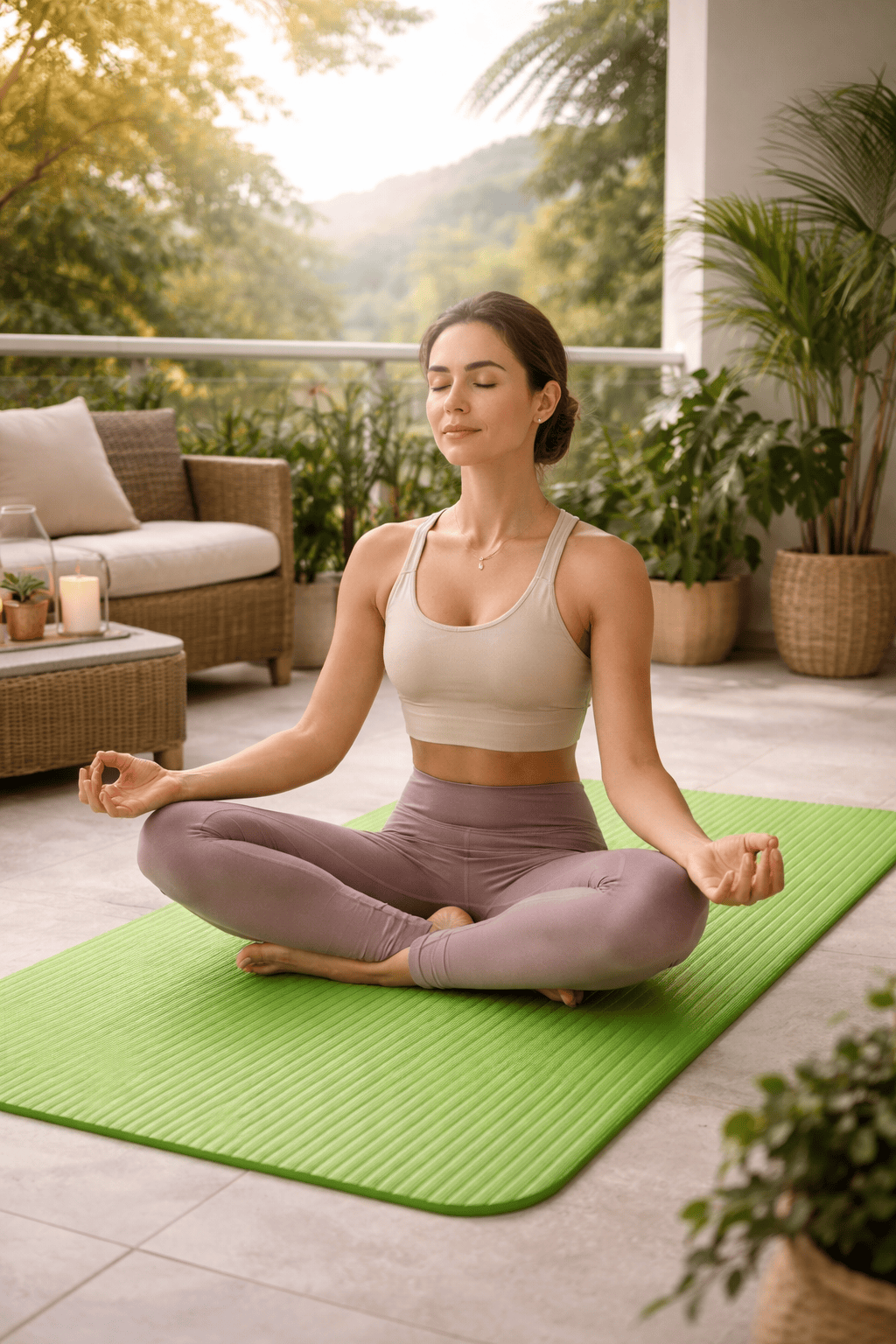 Woman meditating on eco-friendly yoga mat