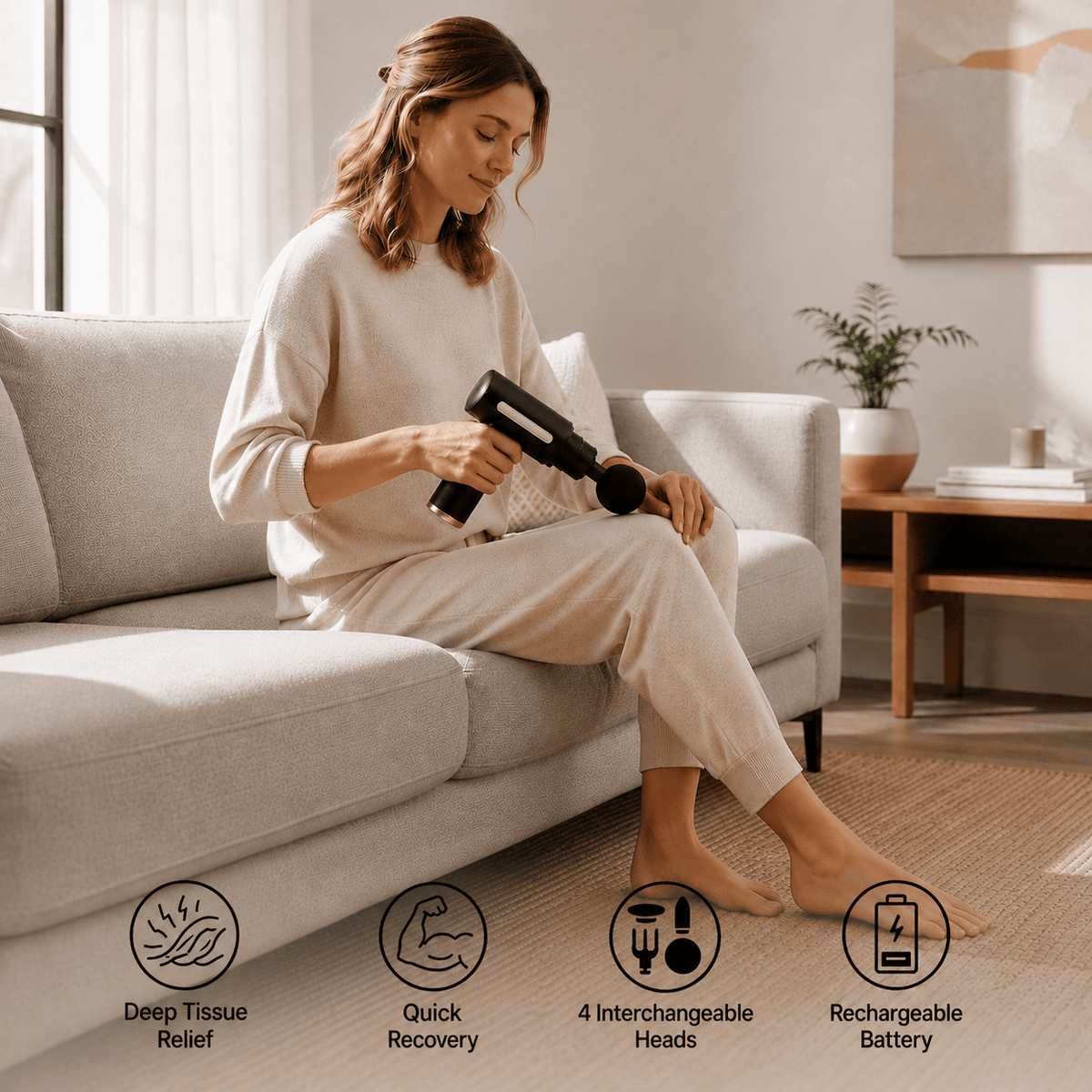 Woman using a handheld massage gun for muscle relief.