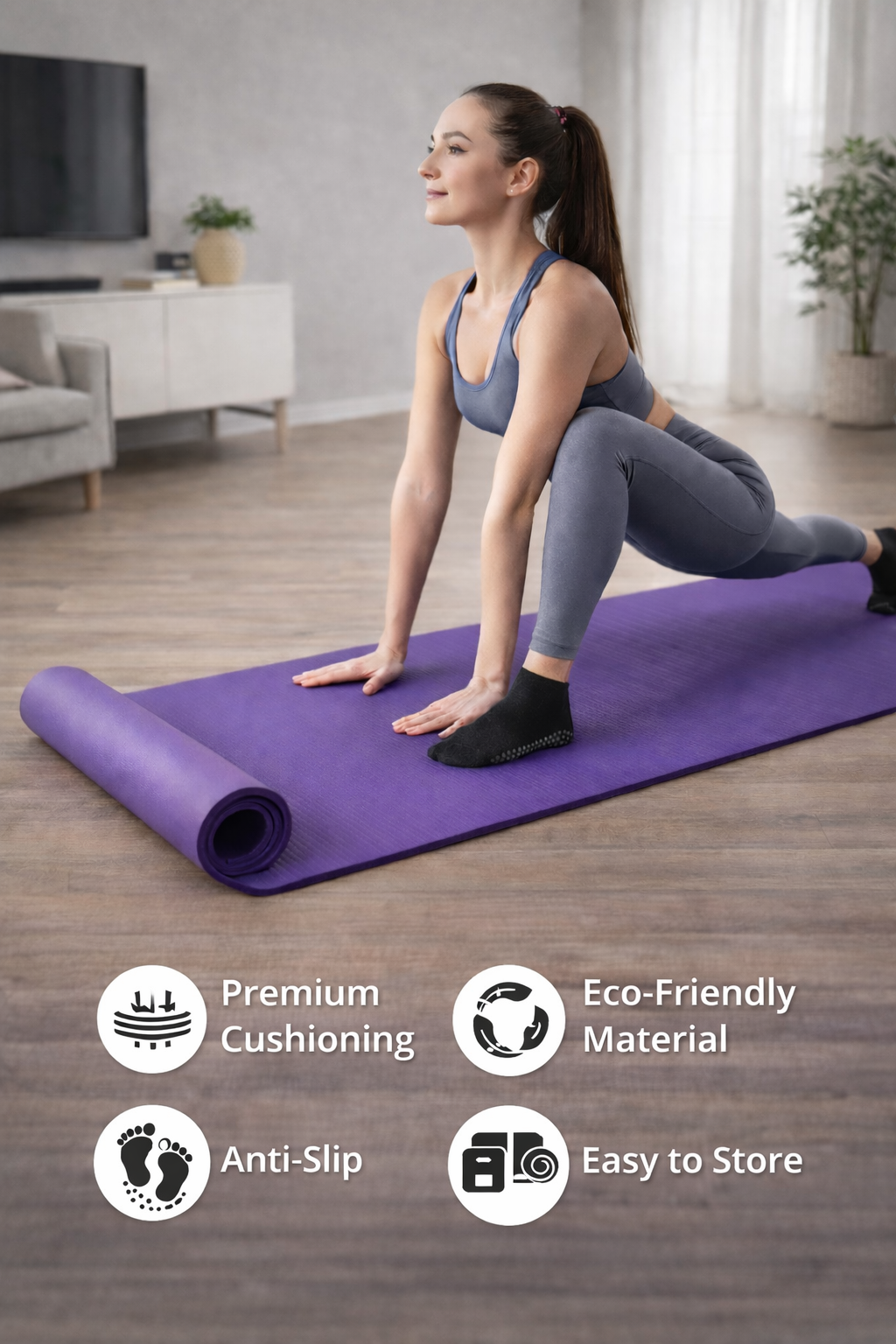 yoga lunge pose on cushioned eco-friendly yoga mat