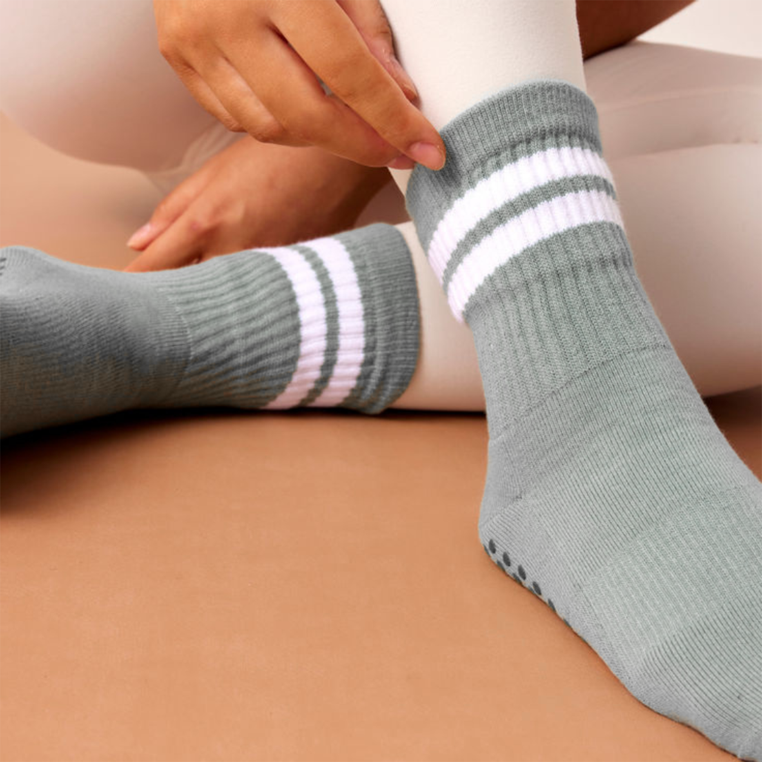 Dusty green striped pilates socks for women – breathable and supportive – The Fit Fab Co