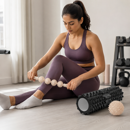3-PIECE FOAM ROLLER RECOVERY SET | DEEP TISSUE ROLLER WITH MASSAGE STICK & SPIKE BALL