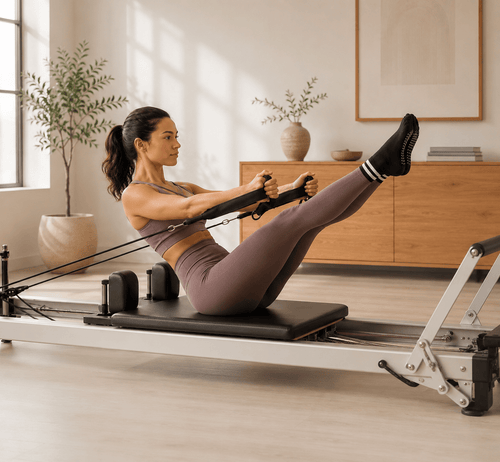 Woman wearing Pilates grip socks on a reformer machine