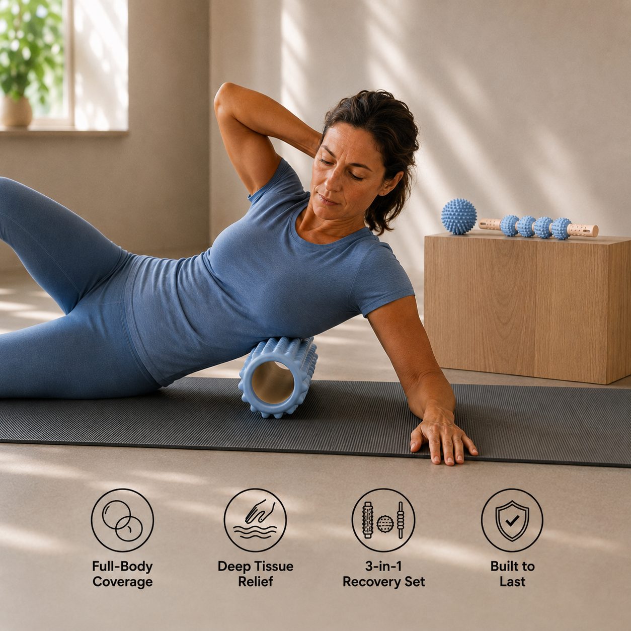 3-PIECE FOAM ROLLER RECOVERY SET | DEEP TISSUE ROLLER WITH MASSAGE STICK & SPIKE BALL