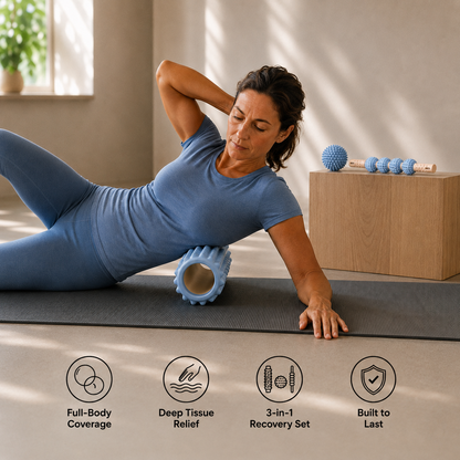 3-PIECE FOAM ROLLER RECOVERY SET | DEEP TISSUE ROLLER WITH MASSAGE STICK & SPIKE BALL