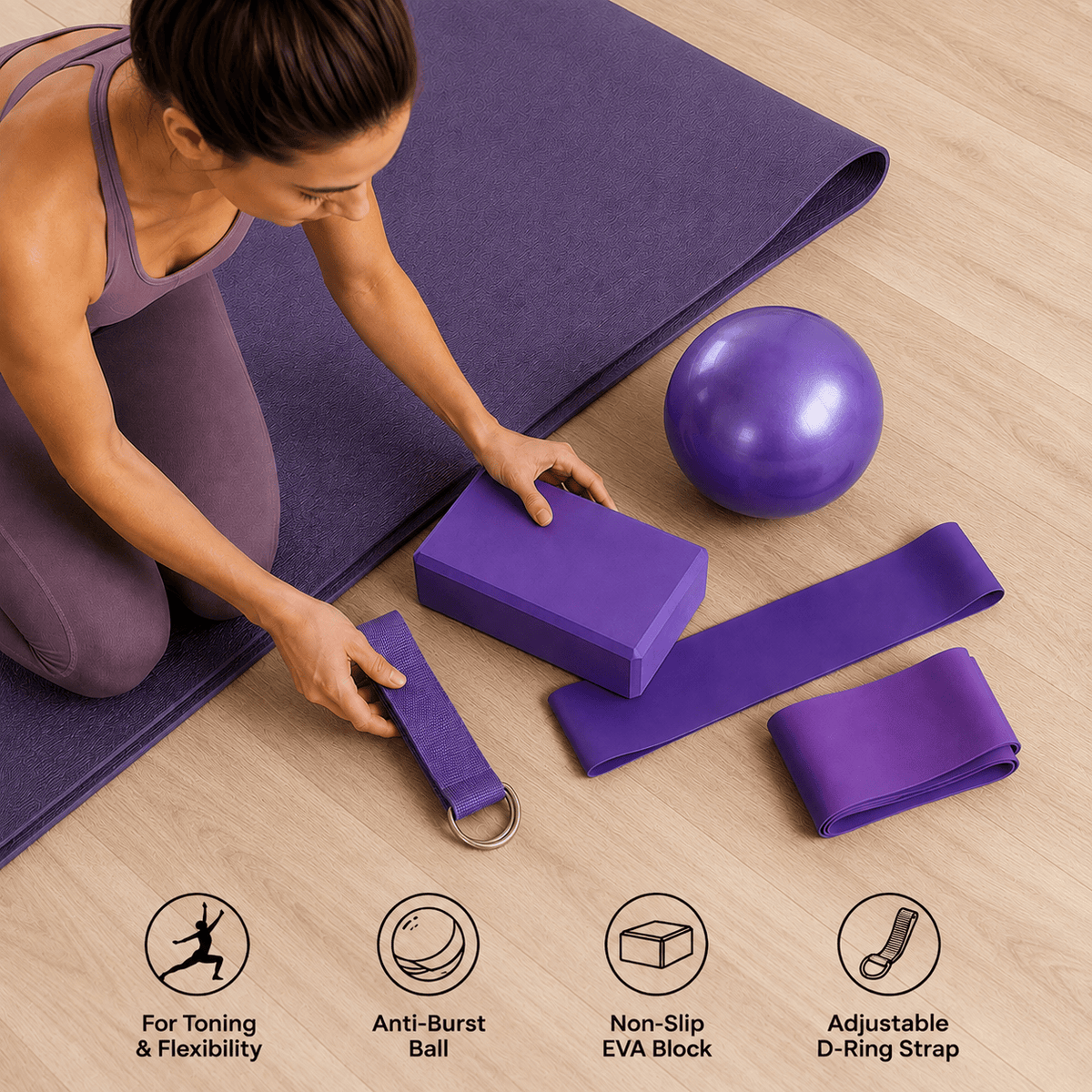 Yoga Set for Women | 5-Piece Yoga Kit with Ball, Block, Bands & Strap