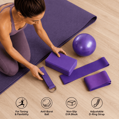 Yoga Set for Women | 5-Piece Yoga Kit with Ball, Block, Bands & Strap